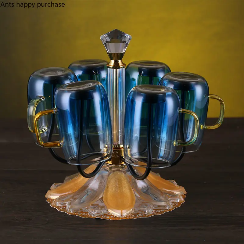 Metal Cup Holder Home Drinking Glass Drain Rack Living Room Embedded Glass 6 Cups Storage Rack Cup Six-piece Set with Holders