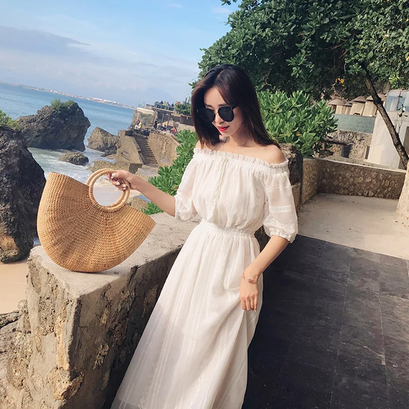 

Cici White Lace Pleated Skirt Exposed Shoulder off-Shoulder Dress Xian Qi Long Summer off-Shoulder Skirt Skirt