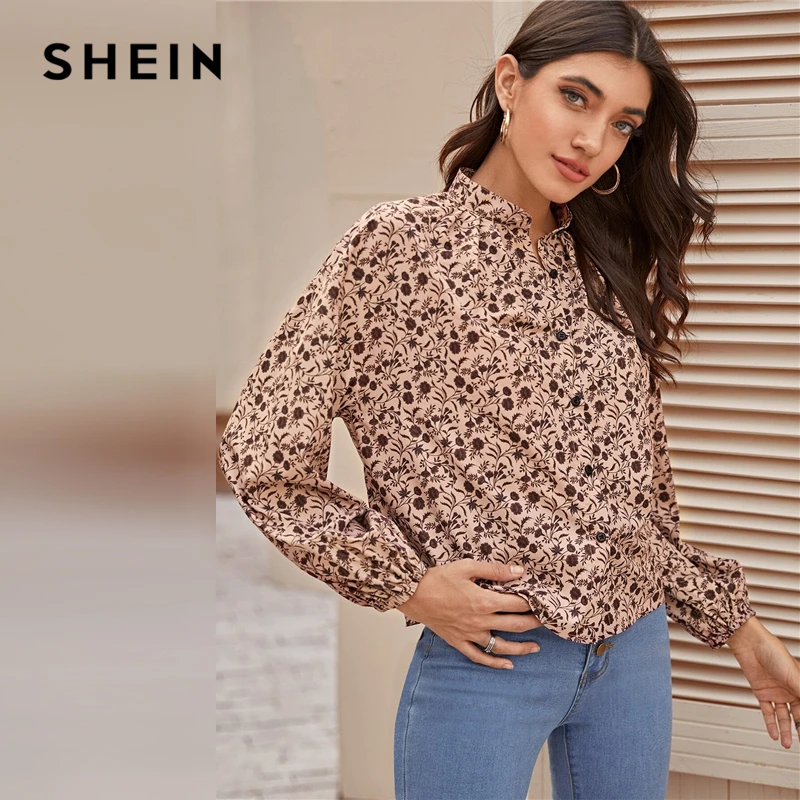  SHEIN Multicolor Mock Neck Ditsy Floral Print Shirt Blouse Women Spring Autumn Button Front Bishop 