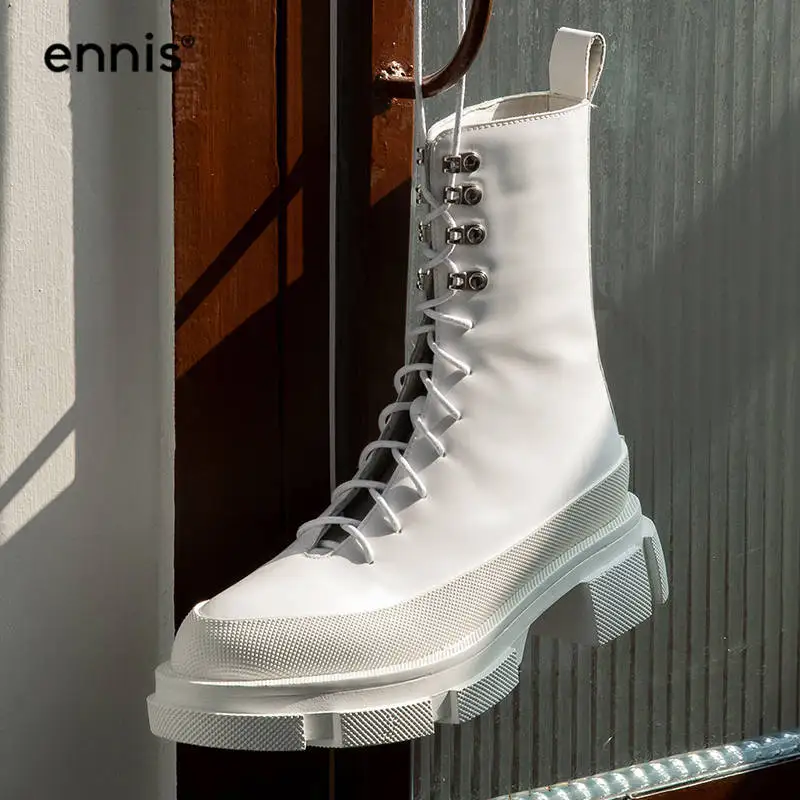 

ENNIS 2020 Fashion Genuine Leather Martin Boots Female Black Platform Boots Lace Up Woman White Boots Autumn Winter Shoes A0008