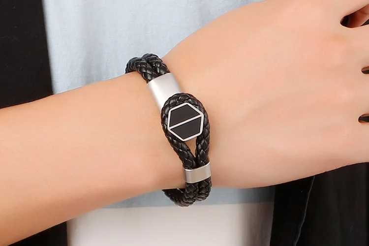 20cm Stainless Steel Gold/Silver/Black Hexagon Bracelet Men's Charm Double Layer Leather Bracelet Homme Jewelry Accessory