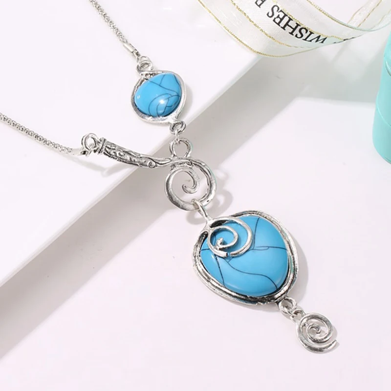 1 PC Irregular Pendant Natural Stone Turquoises Necklace For Women Vintage Antique Silver Color Unique Design Fashion Jewelry