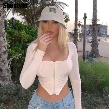 

Shestyle Irregular Square Neck Spring T-Shirts Women 2020 Tunic Leg-Of-Mutton Korean Sexy Zip Up Crop Tops Summer Vintage Tees