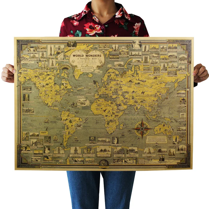 

[A358] World Architecture Miracle Landmark Map Retro Kraftpaper Indoor Bar Cafe Decorative Painting