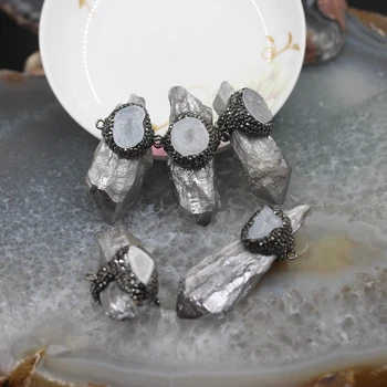 

5Pcs/lot Silvers Titanium Raw Crystal Large Point Pendants,Rhinestones Inlay Craft Geode Quartz Necklace Charms Jewelry Making