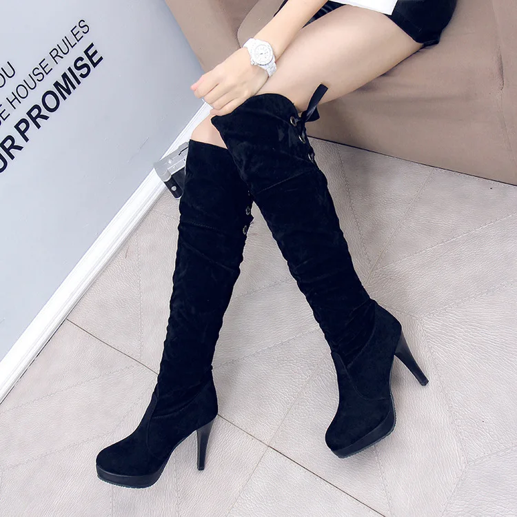 

Round Toe Solid Slip-On Concise Women Boots Sewing Super High Thin Heels Casual Long Boots Flock Over-the-Knee Winter Shoes