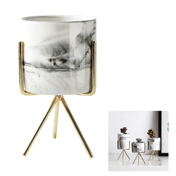

Nordic Home Minimalist Style Marble Vase Wrought Iron Tabletop Succulent Flower Pot Gold + White Ceramic
