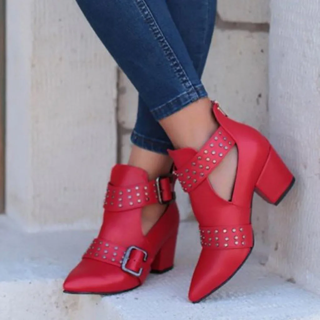 Vintage Hollow out Martins Boots For Woman Fashion Rivet Buckle Strap Ankle Boots Platform Square heel red Leather Boots Women
