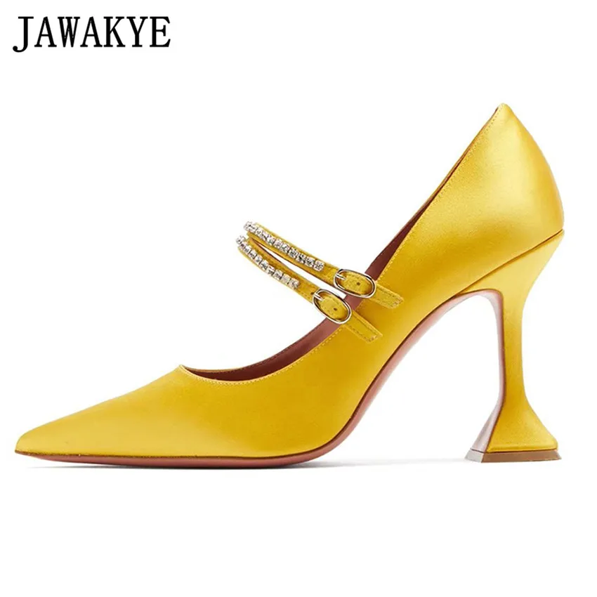 

Sexy Pointed Toe Goblet High Heels Shoes Women Yellow Black Satin Crystal Shoes Two rhinestone strap Women Pumps Wedding Shoes