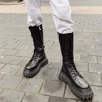 

Fashion Leather Mid-calf Boots Women Platform Sport Ladies botines mujer Cross-tied Round Toe High Heels Motorcycle Botas Mujer