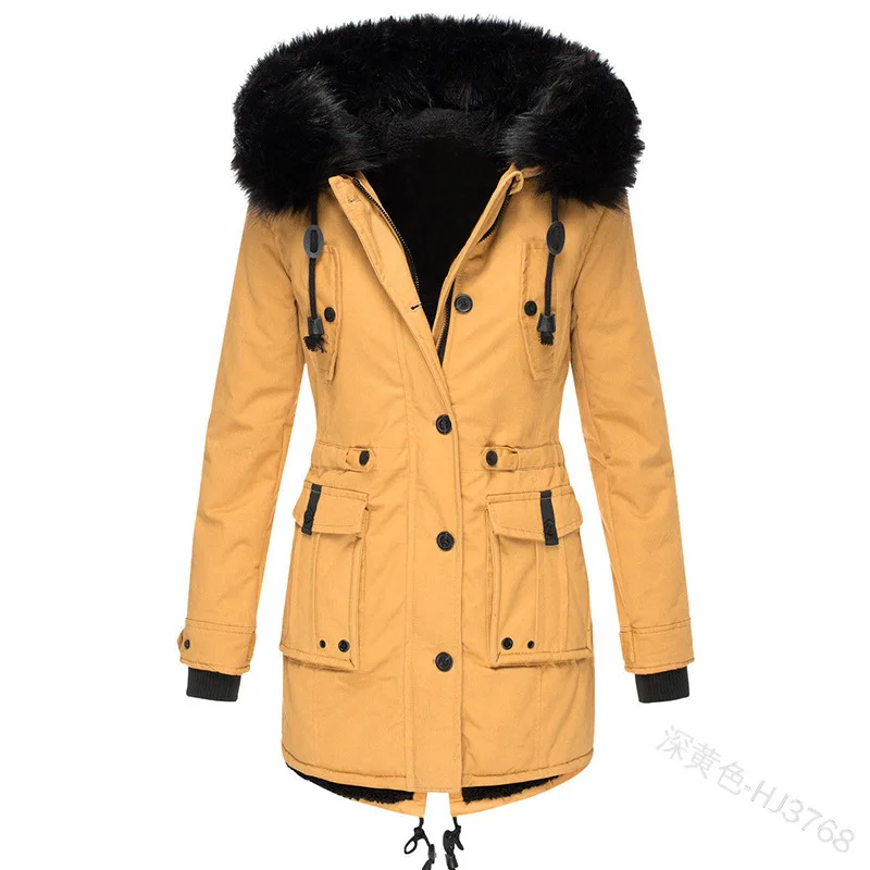 WEPBEL, новинка, женская зимняя теплая куртка, Дамское модное повседневное пальто, однотонное, на завязках, искусственный мех, меховой воротник, тонкое пальто - Цвет: Dark Yellow