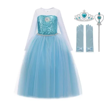 

MUABABY Girls Elsa Costume Blue Queen Princess Dress up with Long Train Halloween Christmas Party Sequined Fantasy Outfits
