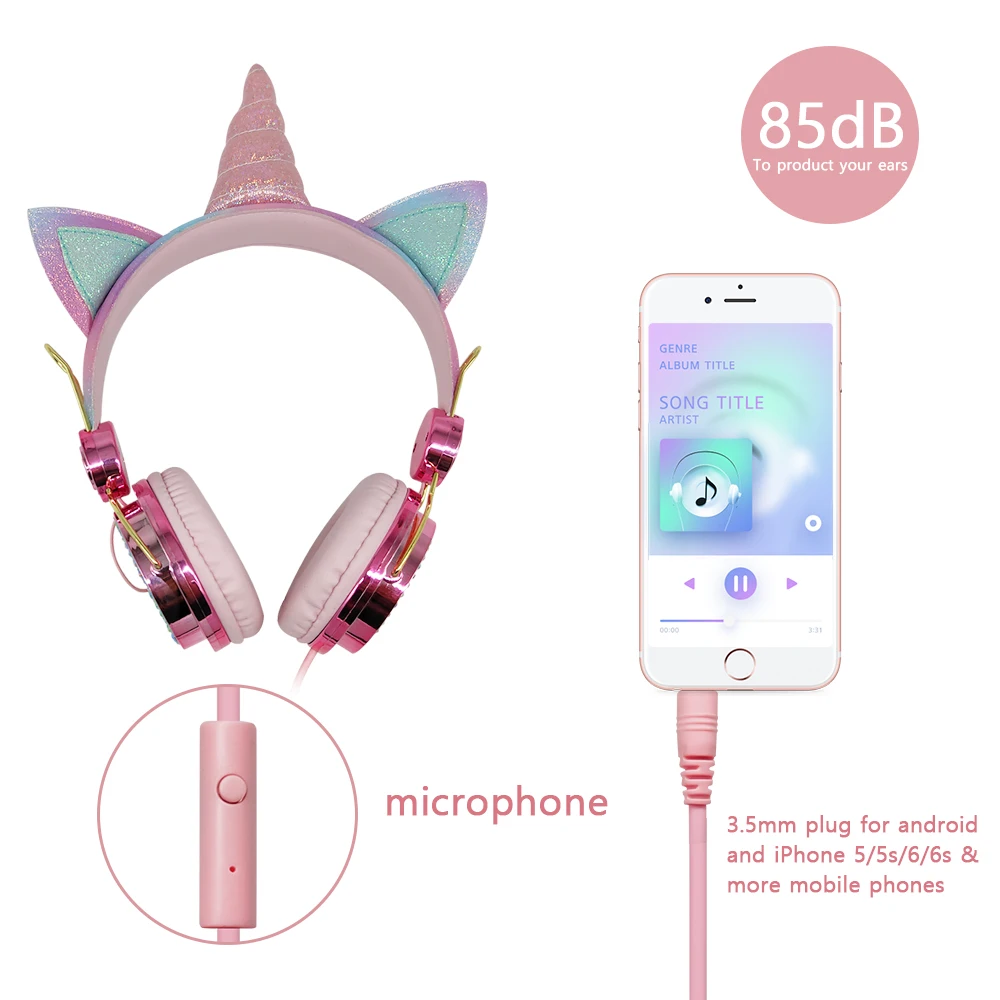 QearFun - Auriculares de unicornio para niñas y niños para la escuela,  auriculares Bluetooth con micrófono y conector de 3.5 mm, auriculares