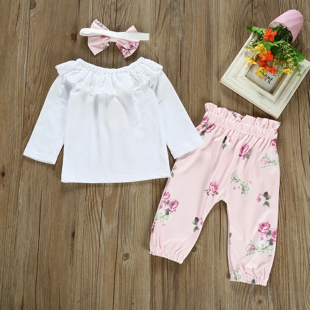 Модный комплект одежды для маленьких девочек, 3 предмета, рубашка для малышей, штаны с цветочным принтом, повязка на голову, одежда для детей, 40