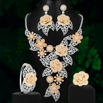 

SISCATHY 3 Colors Luxury Big Blooming Flowers Jewelry Sets Bangle Earrings Necklace Ring European Bridal Wedding Party Gifts