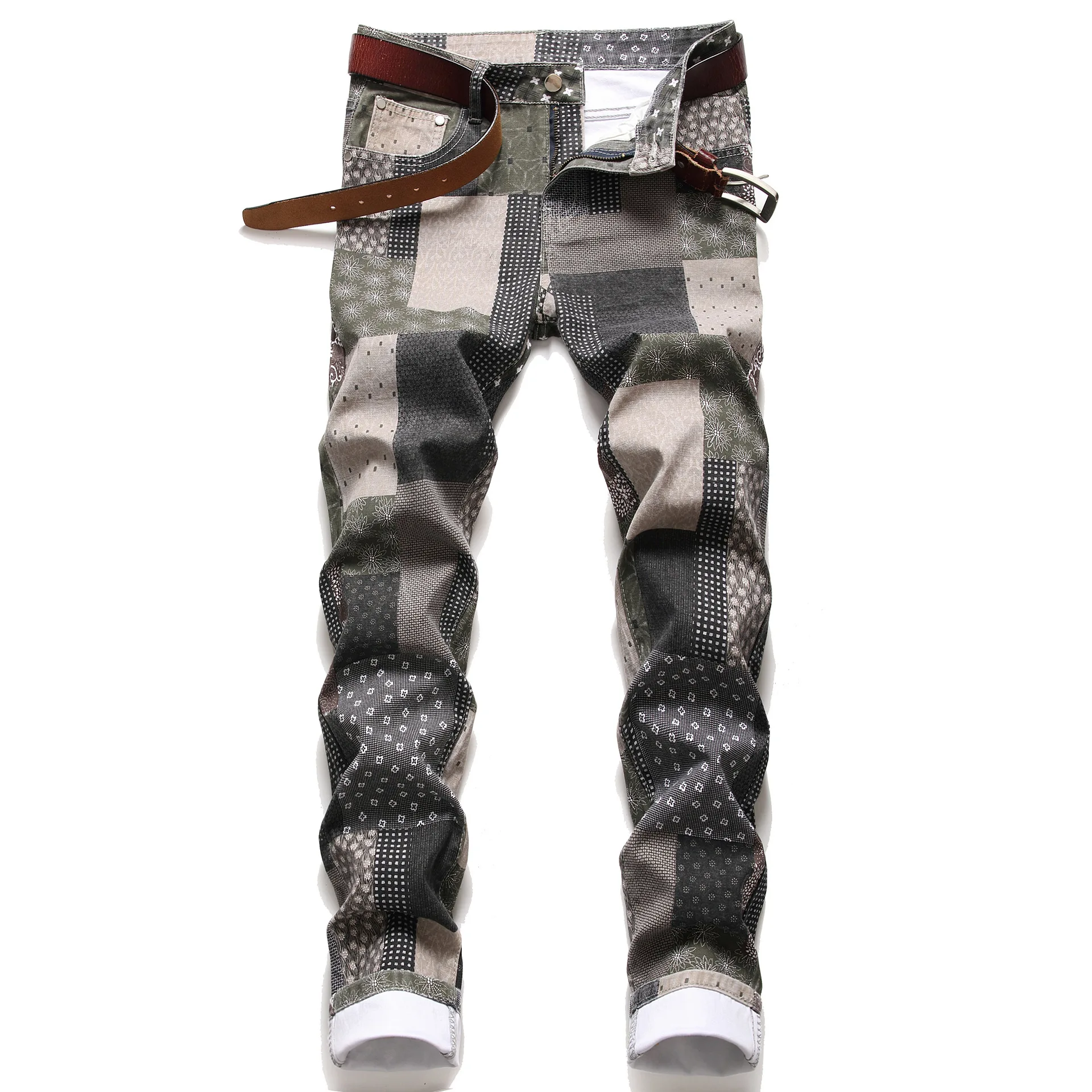 

European and American colorful personality fashion print stitching patch checkered stretch small straight street trendy jeans
