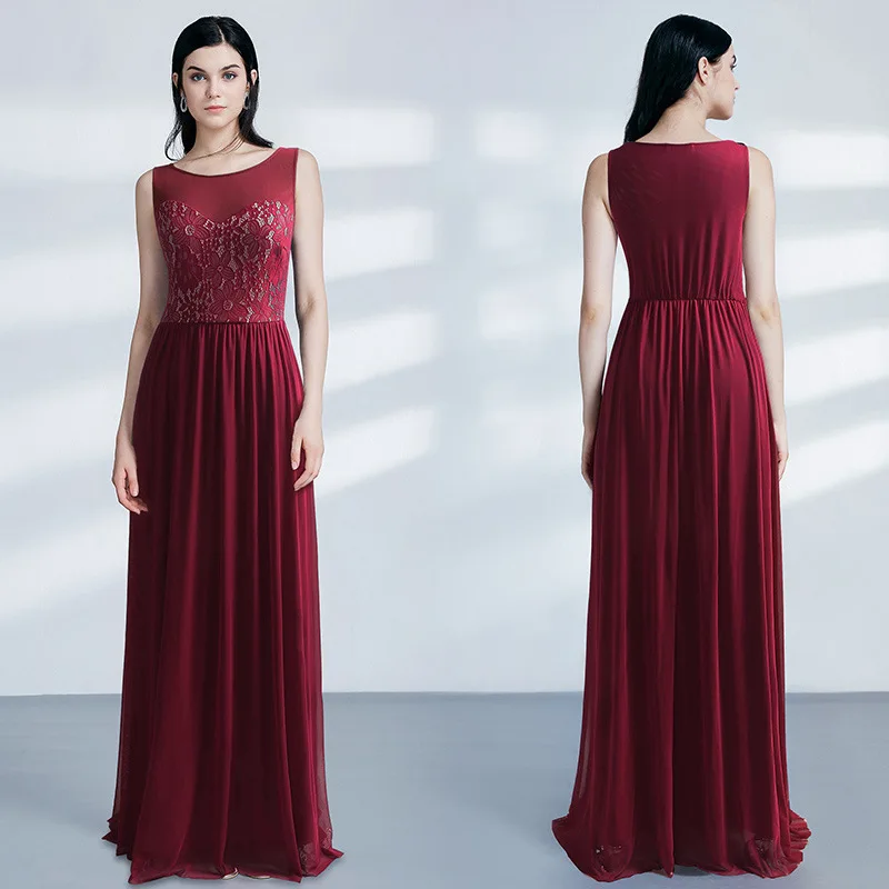

Hot Sale Elegant Lace Evening Dress 2020 Sleeveless Scoop Floor-length Chiffon Dress Wine Red Pretty Forever Dress for Party
