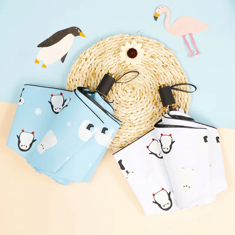 Девять фанеры складной Свежий пингвин три раза Анти-УФ складной ручной Открытый Черный Пластиковый Солнцезащитный зонт