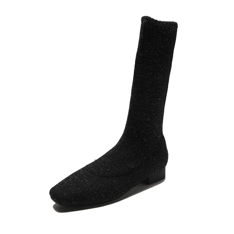 Черные, Серые вязаные эластичные сапоги-носки; женские элегантные вечерние сапоги до середины икры на низком каблуке; коллекция года; Женская Осенняя обувь; botas mujer invierno - Цвет: Silver black color