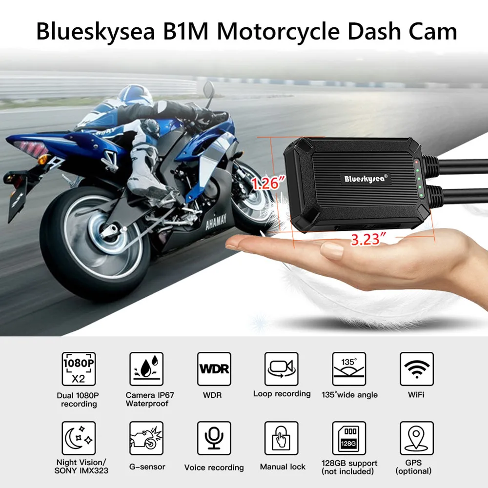 Blueskysea B1M мини видеорегистратор для мотоцикла с Wi Fi двойная камера HD 1080P без экрана