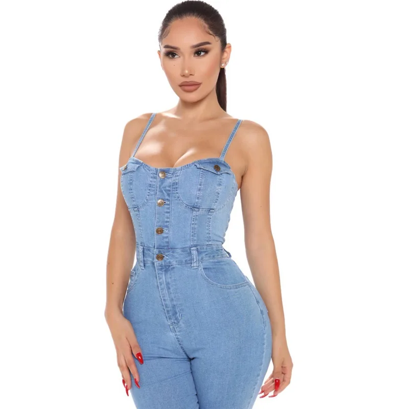 Tobinoone кнопка сексуальный джинсовый комбинезон длинные женские bodycon Летний