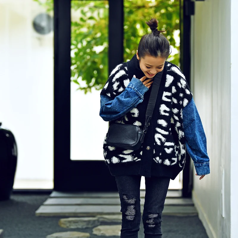 black W9130 Корейская версия свободного цвета пантера печати джинсовый рукав свитер кардиган тяжелый свитер пальто женщина - Цвет: black