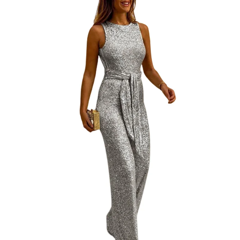  Women Clothing Sexy O Neck Sleeveless Backless Sequined Shiny Bandage Slim Jumpsuits Ladies Streetw