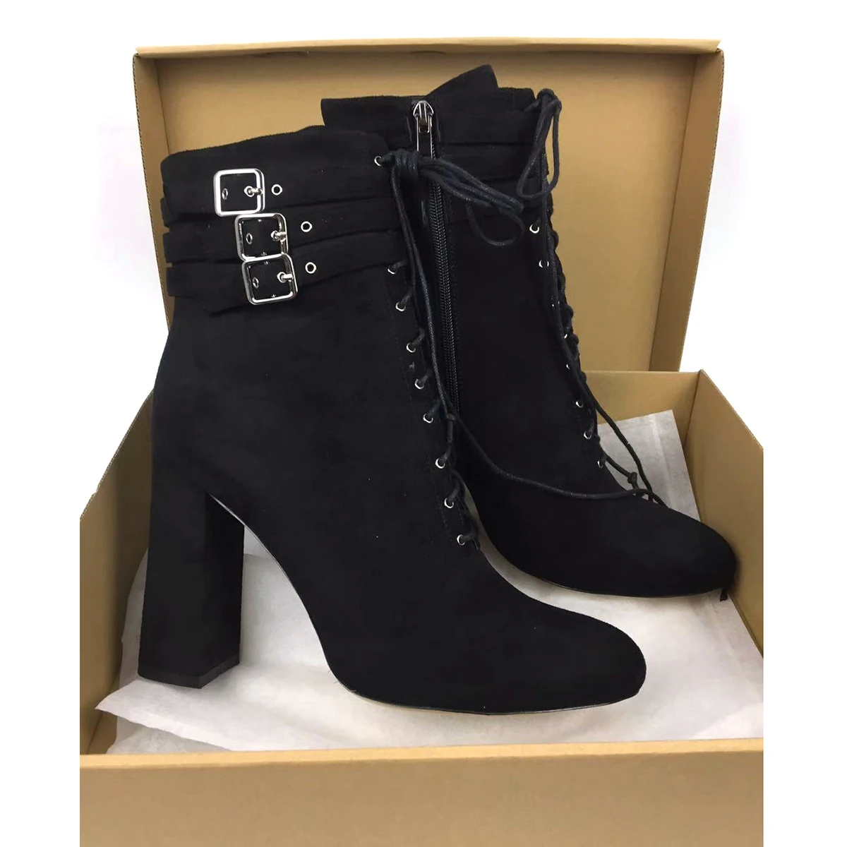 Aimirlly/женские ботильоны на квадратном каблуке с круглым носком; ботильоны на шнуровке с пряжкой; черная обувь из искусственной замши; сезон осень-зима