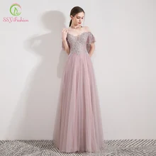 SSYFashion Новое милое розовое вечернее платье, для банкета элегантное платье с вырезом "лодочка" Кружева Аппликации блестки длинное вечернее платье для выпускного вечера Vestido De Noche