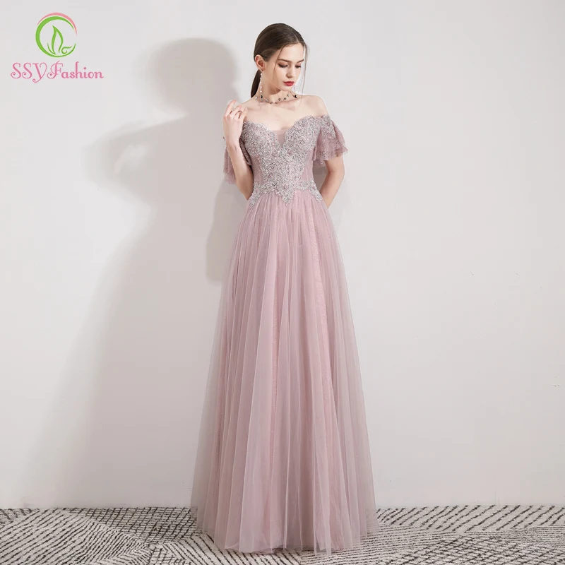 Женское длинное вечернее платье SSYFashion элегантное розовое с вырезом лодочкой