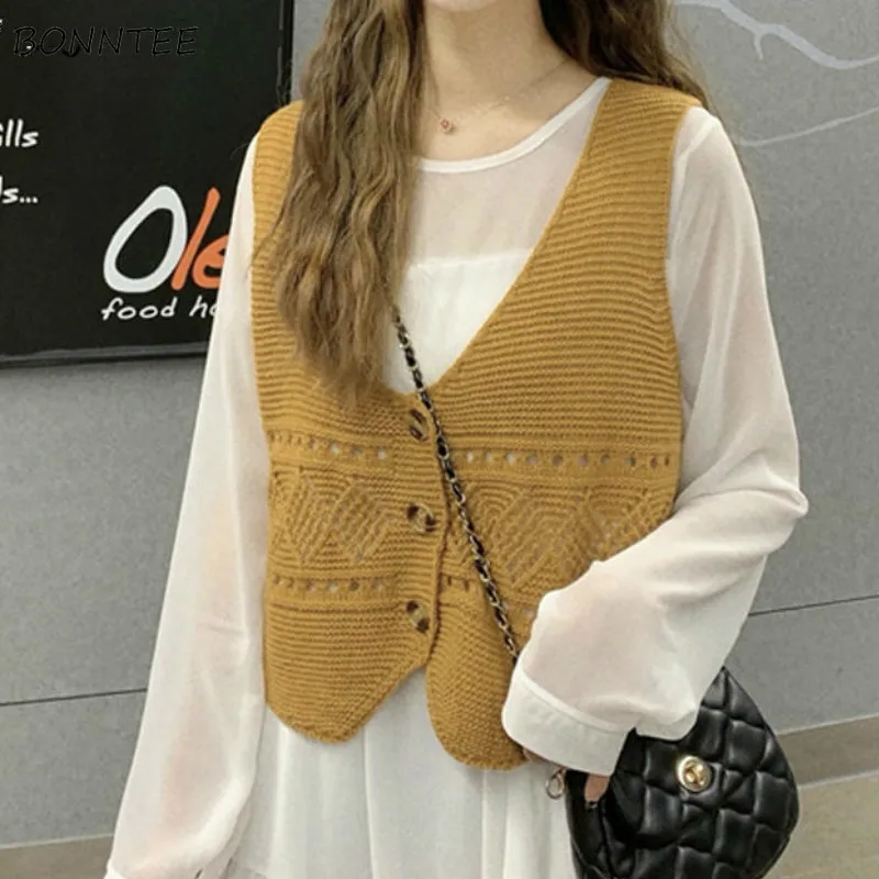 Sweater Vest Women Solid Elegant Loose Crop Top V-Neck Single Breasted Hollow Out Thin Candy Color Knitted Outwear Female Simple |