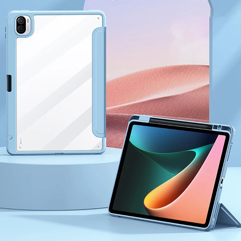 For Xiaomi Mi Pad 5 Pro Case Tri-Fold Tablet Acrylic Soft Tpu Back Case For Mipad 5 Case 2021 Xiaomi 5 Tablet With Pencil Holder