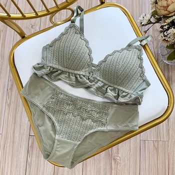 

Women Thin Front Closure Bra Set Exquisite Lace Push Up Knitted Embroidery Bow Padded Wire Free Bra Low Waist Brief Set