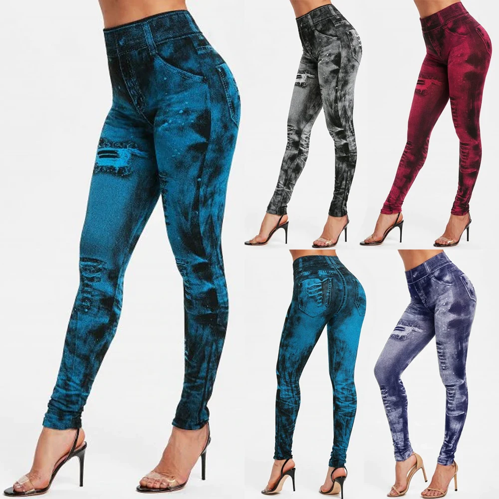 

Muyogrt Sexy Women Leggings Imitation Jeans Tie Dye High waist Pants Fitness Elastic Slim Leggins Mujer Casual Leggins Female