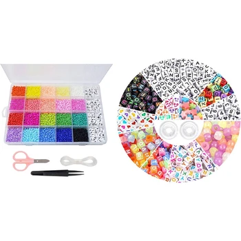 

10300Pcs DIY Bracelet Necklace Beaded Glass Rice Beads & 1set Beaded Set, Alphabet Beads, Beaded with Elastic Cord
