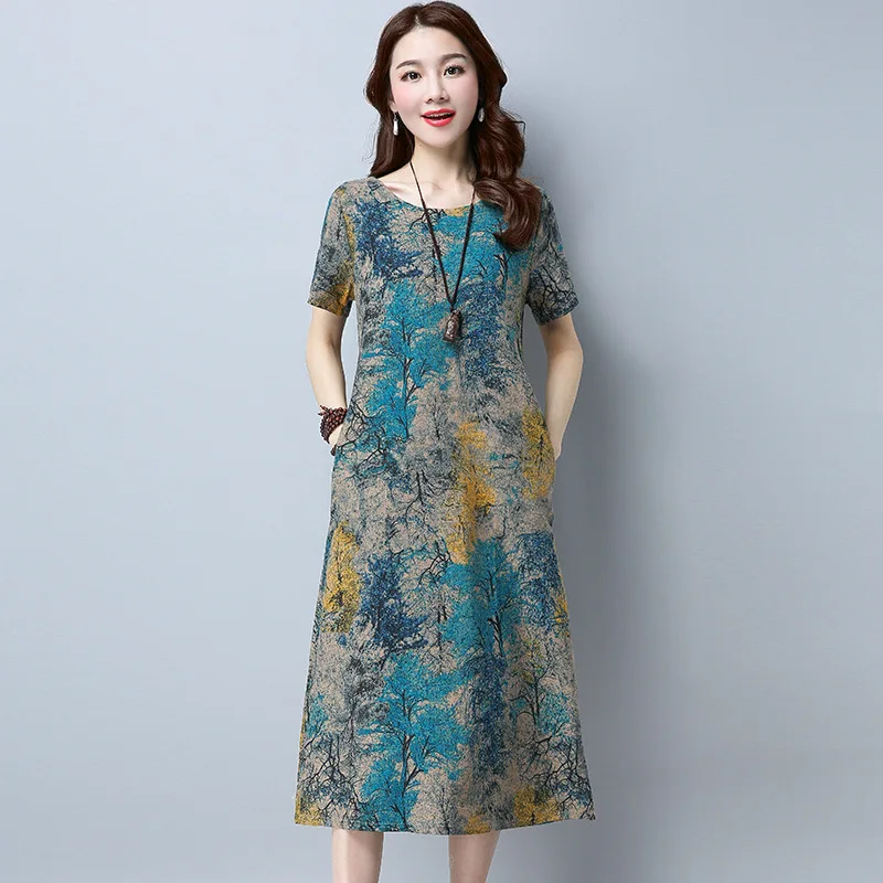 

Photo Shoot 2018 Summer Wear New Style Large Size Loose Retro Printed Short Sleeve Mid-length Dress Women's
