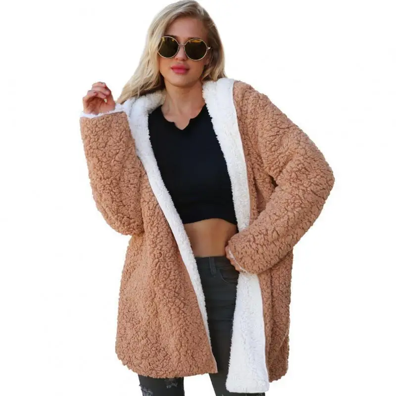 

Europe And The United States Xl High Quality Contrast Color Two-side Wearing Plush Hooded Coat Coat 2019 New Imitation Lamb Fur