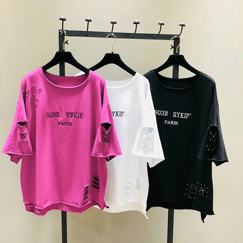 

Spring Summer Holes Tshirt Women New Loose Ripped T-shirt Short-Sleeve Cotton White Round Neck Shirt Oversize T Shirt Loose Tee