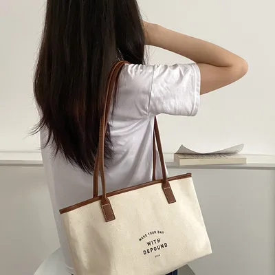 Ladies Canvas Shoulder Bag Female Retro PU Stitching Drawstring Design Totes Trend Large-Capacity Casual Travel Bag for Women women's bags on sale	