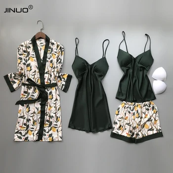 

JINUO 2020 Women Silk Pajamas Sets With Chest Pads Ladies Print Pijama Sleepwear Lounge 4 Pieces Spaghetti Strap Satin Pyjamas