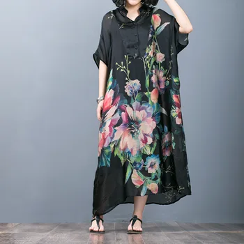 

Women's 2020 Summer Retro Artistic National Style Print Batwing Sleeve Two-Piece Silk Dress Stand Collar Long Dress Oversize