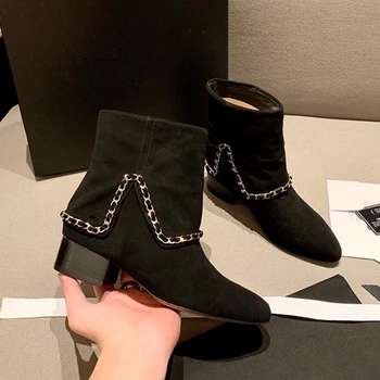 

Mental Chain Women Ankle Boots Black Gneuine Leather Women Chealsea Boots Runway Autumn Winter Boots For Women Party Dress Shoes