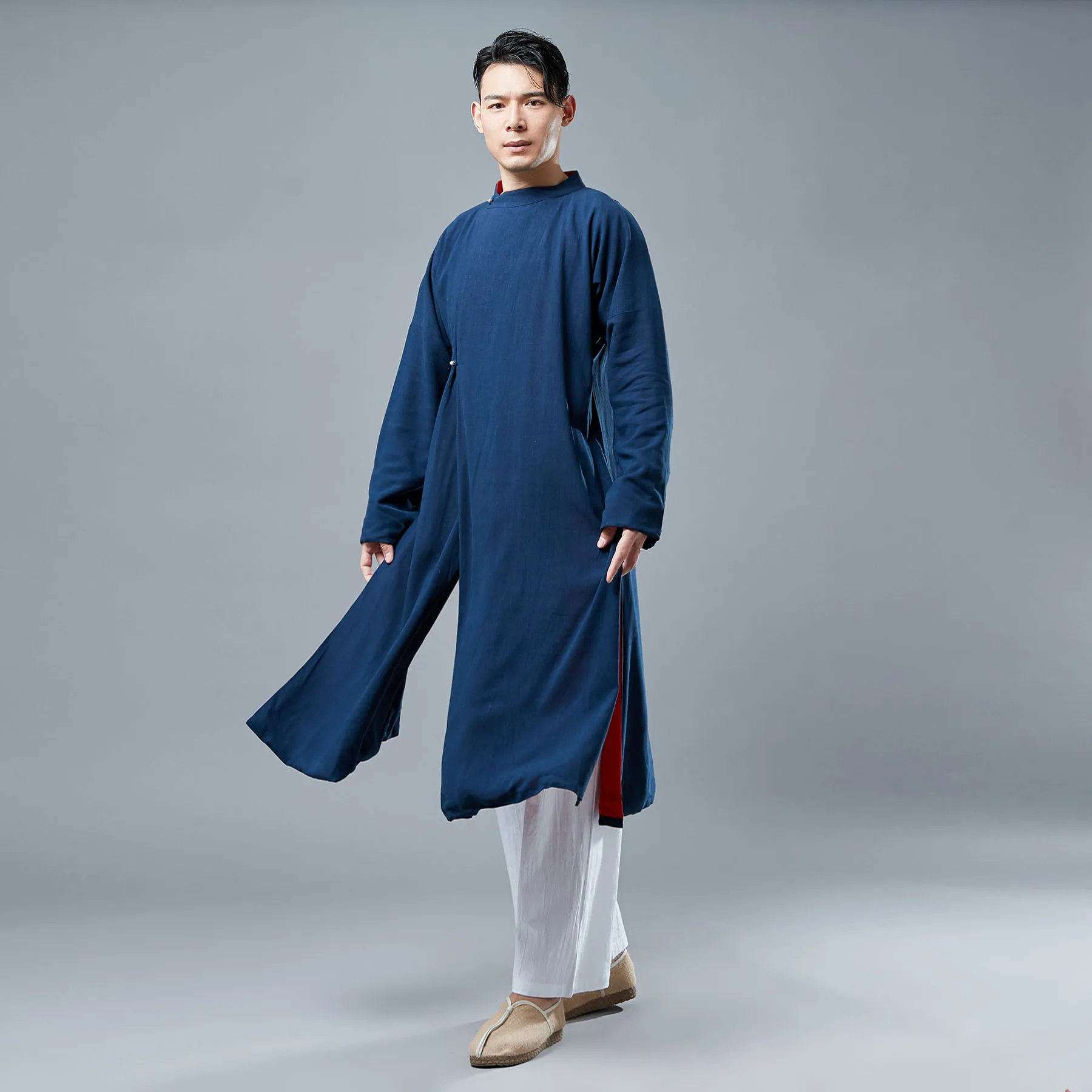 Origional Autumn New Style Silver Clasp Contrast Color Robe Men's Nation Literature And Art-Style Cheongsam Stand Collar Casual