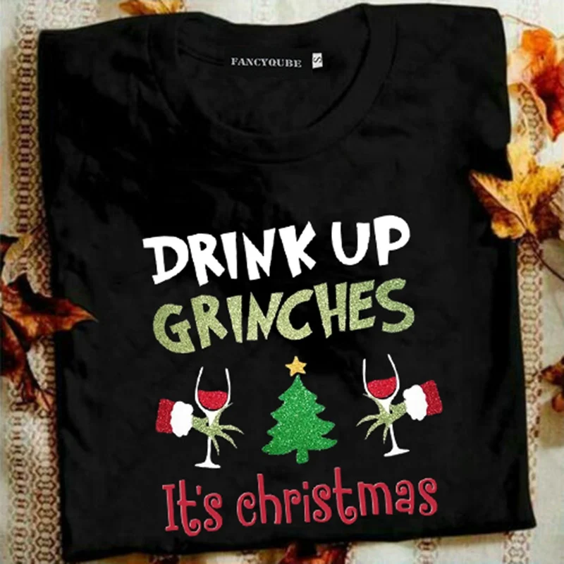 Футболка с надписью DRINK UP GRINCHES, Женская рождественская футболка с коротким рукавом и круглым вырезом, Женская Повседневная Уличная одежда, пуловер Harajuku, топы