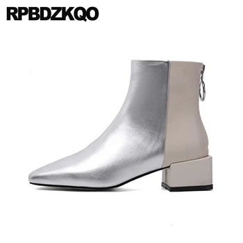 

2019 metallic ladies booties genuine leather women ankle boots medium heel silver thick square toe high chunky shoes fall winter