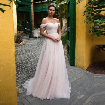 

Simple Off Shoulder Tulle A-Line Wedding Dress With Ribbon Custom 2021 Garden Bridal Gowns Formal Robe De Mariage Vestidos