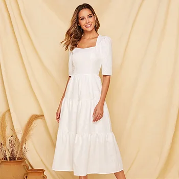 

Summer A-line Elegant Temperament White Women Dress Square Collar Ladies Half Sleeve Maxi Dress Pure Color 2020 Vestidos Largos
