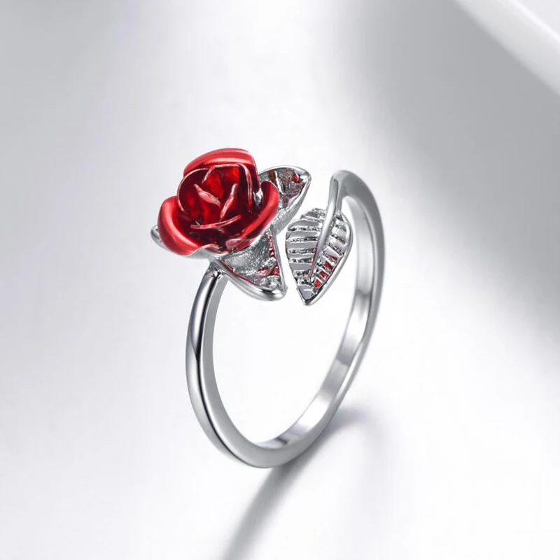 Изменяемые кольца на палец для женщин подарок на день Святого Валентина ювелирные изделия красная роза сад цветок листья Открытое кольцо