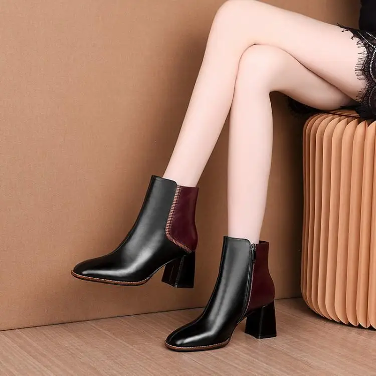 

Really thick with leather boots children color matching short boots square head high with Martin boots