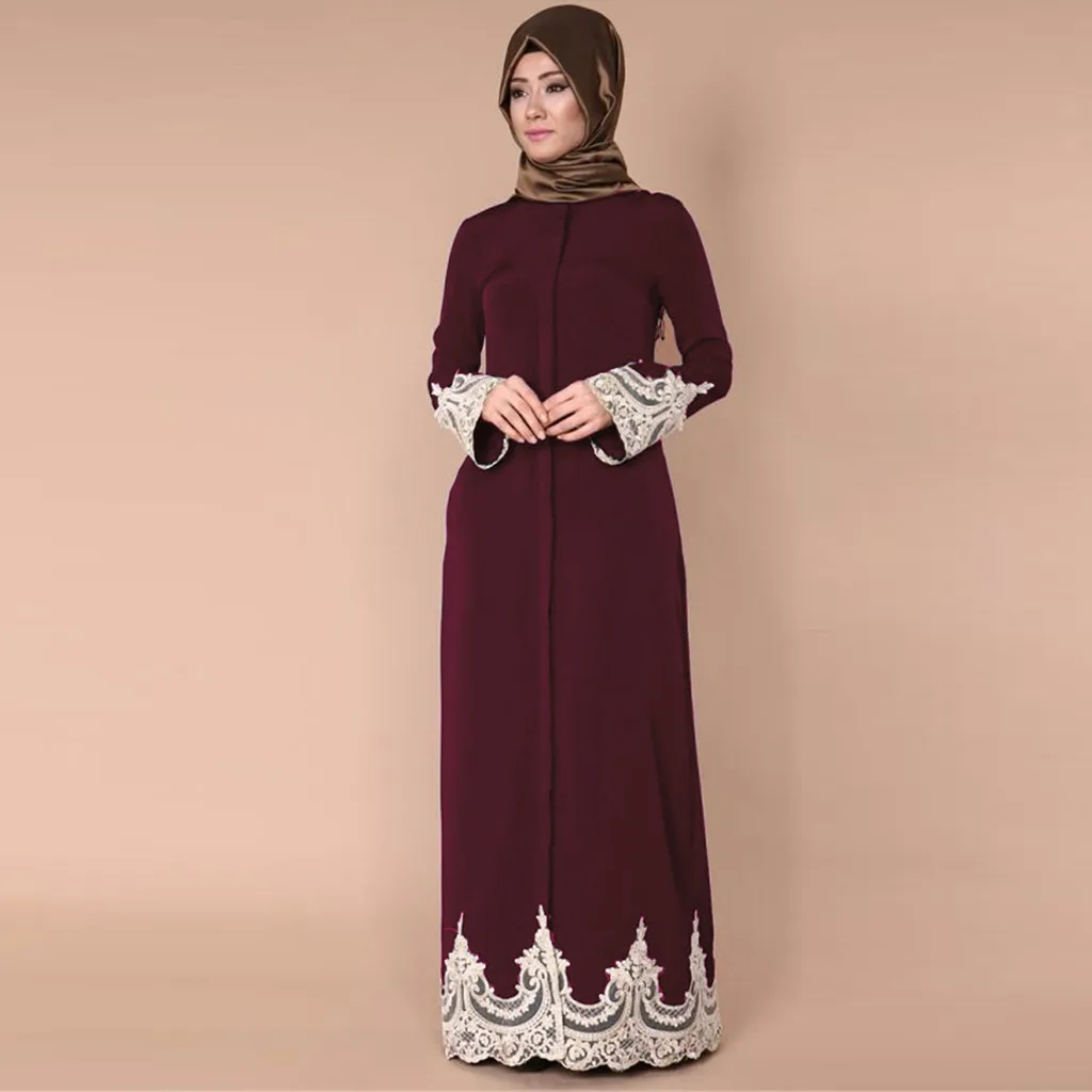 

Dress 2019Top New Fashion Women Pure Color Full Buckle Lace Robe Muslim Long Sleeves Long Dress For Women Vestido Invierno